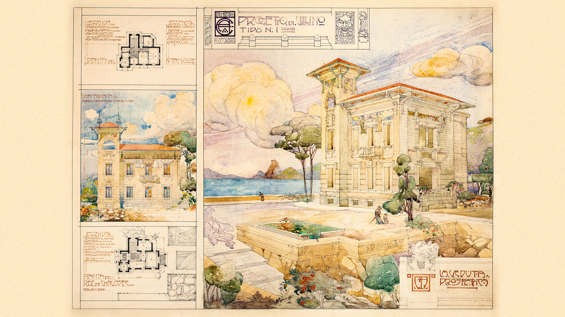 Il disegno a matita, inchiostro e acquerello, datato 1909, è uno di due progetti di villino in stile liberty conservati nel fondo, al momento non identificati con sicurezza con opere effettivamente realizzate. Lo stile floreale, dichiarato nell’eleganza dei toni delicati e nella fluidità della linea, arriva ad includere i caratteri dei cartigli che descrivono il progetto e culmina nel bellissimo logo con le iniziali che l’architetto utilizza per apporre la sua firma.